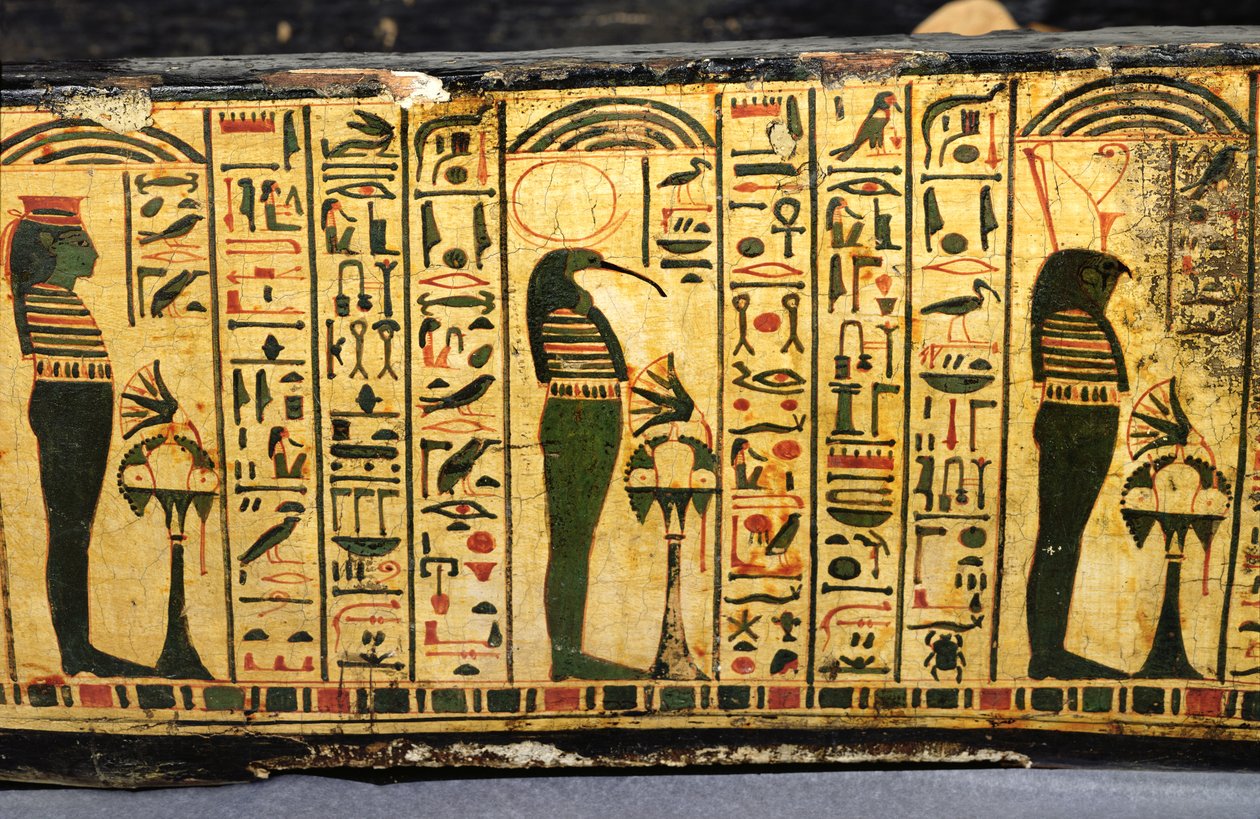 Yksityiskohta Nesyamunin muumion ulkoarkun pohjasta, mahdollisesti löydetty Deir El-Bahrista, Uudesta kuningaskunnasta, noin 1100 eKr. (maalattu puu) tekijältä Egyptian 20th Dynasty