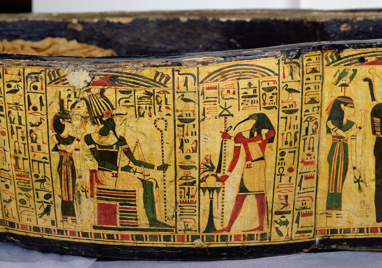 Yksityiskohta Nesyamunin muumion ulkoarkun pohjasta, mahdollisesti löydetty Deir El-Bahrista, Uudesta kuningaskunnasta, noin 1100 eKr. (maalattu puu) tekijältä Egyptian 20th Dynasty