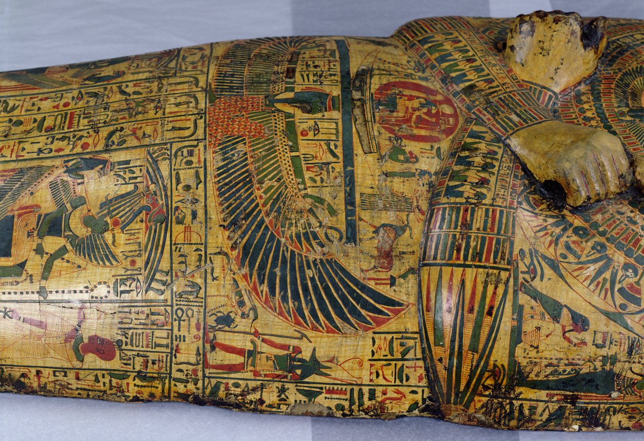 Yksityiskohta Nesyamunin muumion ulkoarkun kannesta, mahdollisesti löydetty Deir El-Bahrista, Uudesta kuningaskunnasta, noin 1100 eKr. (maalattu puu) tekijältä Egyptian 20th Dynasty
