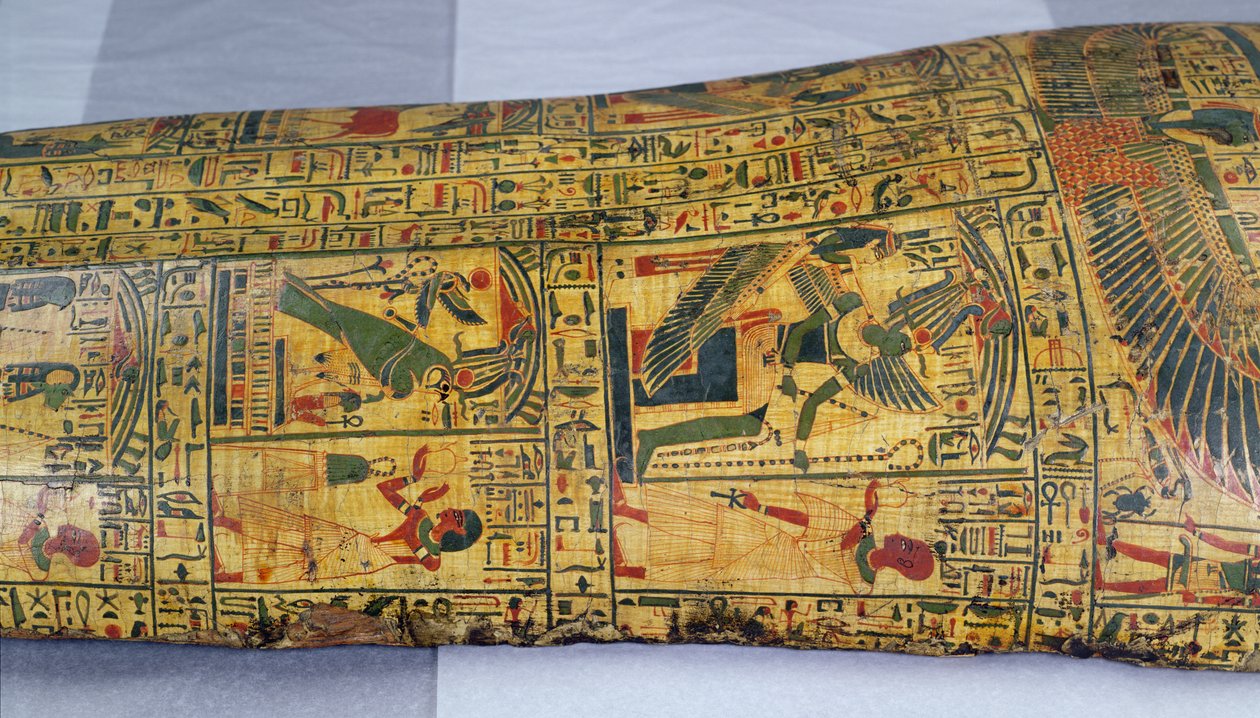 Yksityiskohta Nesyamunin muumion ulkoarkun kannesta, mahdollisesti löydetty Deir El-Bahrista, Uudesta kuningaskunnasta, noin 1100 eKr. (maalattu puu) tekijältä Egyptian 20th Dynasty