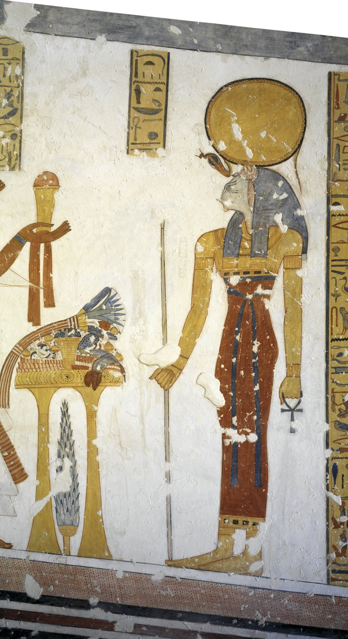 Egypti, Thebes, Luxor, Kuninkaiden laakso, Prinssi Mentuherkhepeshefin hauta, seinämaalaus Kissanpääjumalatar Bastetista, 20. dynastia tekijältä Egyptian 20th Dynasty