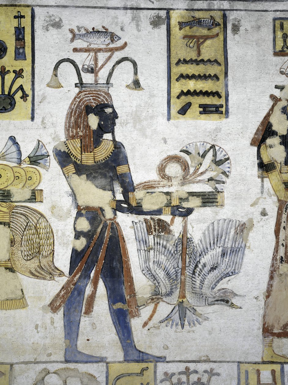Egypti, Thebes, Luxor, Kuninkaiden laakso, Ramses III:n hauta, seinämaalaus rituaalilahjoista, 20. dynastiasta tekijältä Egyptian 20th Dynasty