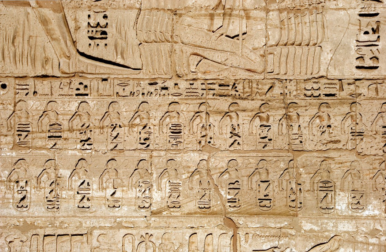 Egyptiläinen antiikki: yksityiskohta ensimmäisen pylonin kohokuvioista, jotka edustavat faarao Ramses III:n valloittamien kaupunkien tunnuksia. Ramses III:n hautaustemppeli (1187-1156 eKr.). Luxor, Medinet Habou, Egypti tekijältä Egyptian 20th Dynasty