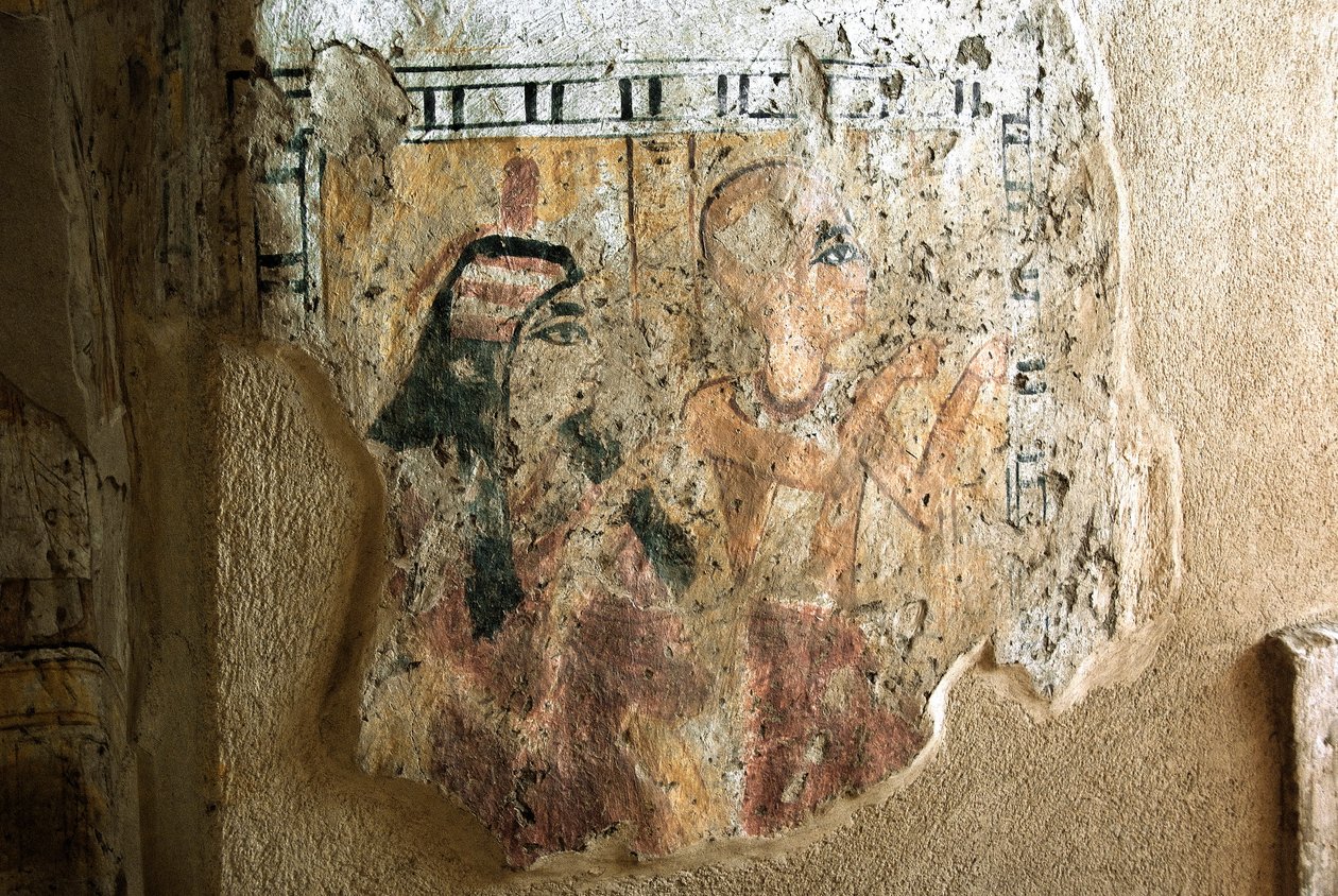Egyptiläinen antiikki: Shuroyn ja hänen vaimonsa esitys palvonnassa. Shuroyn haudan maalaus (TT13). 20. dynastia. 1190-1077 eKr. Dra Abu el-Nagan nekropoli, Luxorin Länsiranna, Egypti tekijältä Egyptian 20th Dynasty