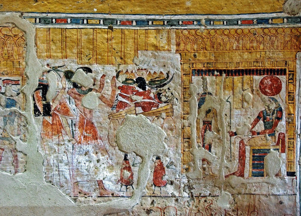Egyptiläinen antiikki: esitys Shuroysta ja hänen vaimostaan palvomassa jumalia. Shuroyn haudan maalaus (TT13). 20. dynastia. 1190-1077 eKr. Dra Abu el-Nagan nekropoli, Luxorin Länsiranna, Egypti tekijältä Egyptian 20th Dynasty