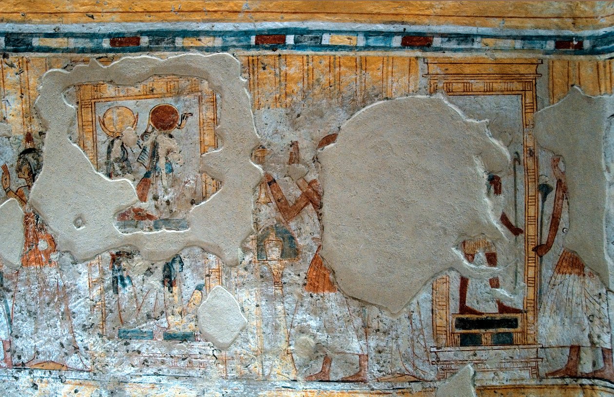 Egyptiläinen antiikin aika: esitys Shuroystä ja hänen vaimostaan palvomassa jumalaa Thot ja jumalatar Ra. Shuroyn haudan maalaus tekijältä Egyptian 20th Dynasty