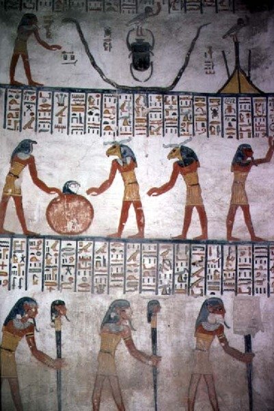 Seinämaalaus kammiosta I Ramses VI:n haudassa, Uusi kuningaskunta (n. 1145-1137 eKr.) (seinämaalaus) tekijältä Egyptian 20th Dynasty