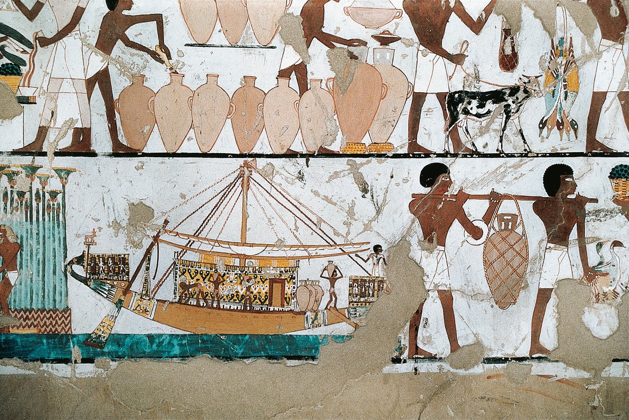 Seinämaalaus, joka kuvaa kohtausta viinin kuljetuksesta laivalla, Uudesta kuningaskunnasta tekijältä Egyptian 20th Dynasty