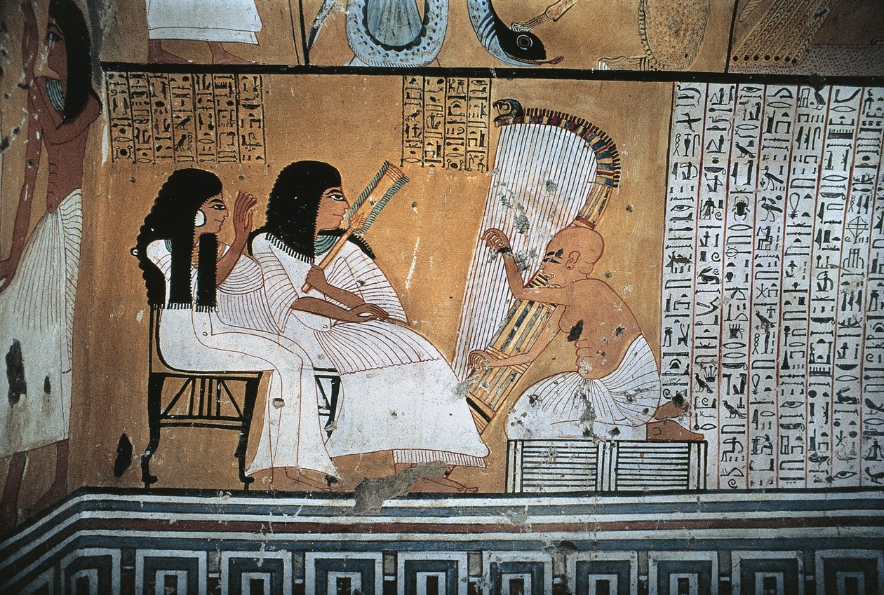 Seinämaalaus kuolleesta Khai-Inherkhasta ja vaimosta katsomassa sokeaa harpistia tekijältä Egyptian 20th Dynasty
