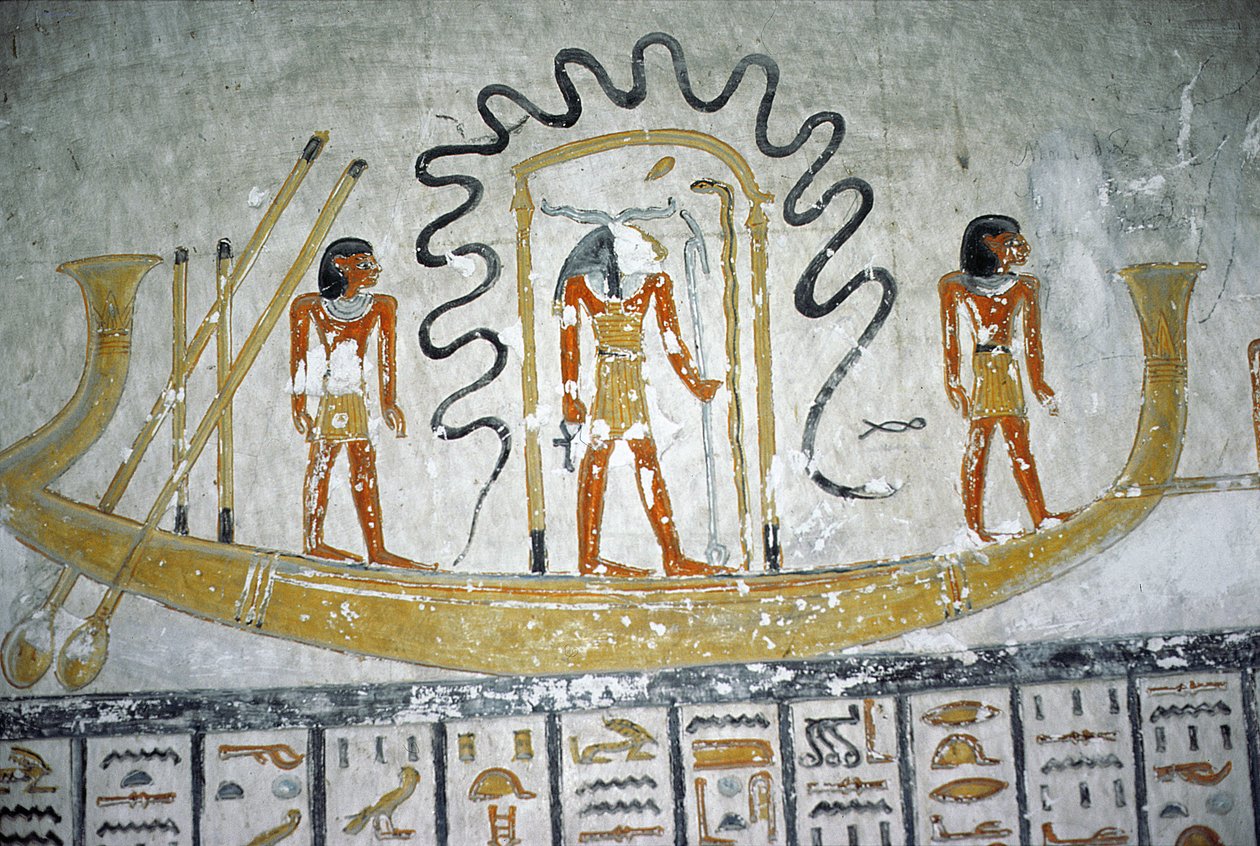 Re in the Night Boat, Ramses VI:n haudasta, Uusi kuningaskunta (n. 1145-1137 eKr.) (seinämaalaus) tekijältä Egyptian 20th Dynasty