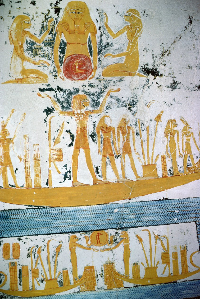 Re in the Night Boat, Ramses VI:n haudasta, Uusi kuningaskunta (n. 1145-1137 eKr.) (seinämaalaus) tekijältä Egyptian 20th Dynasty