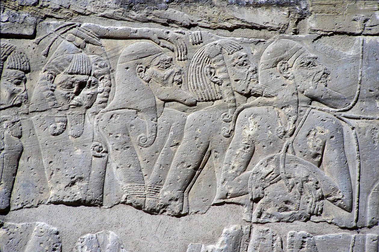 Reliefi, joka kuvaa "pohjoisia vankeja" Ramses III:n taistelussa, Medinet