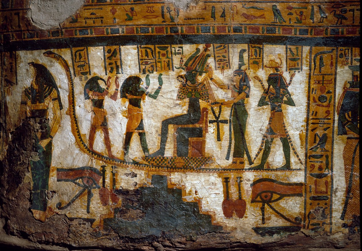 Egyptin taide: Osiris vastaanottaa kunnianosoituksia neljältä jumalalta: Thot, Maat, Heka (Heqat tai Heqa) ja Harsiesi. Yhdellä jumalista on elämän avain ansee-ristin (Ankh) muodossa. Alla kaksi esitystä silmästä oudjat (Horuksen silmä) Sisustus th tekijältä Egyptian 21st Dynasty
