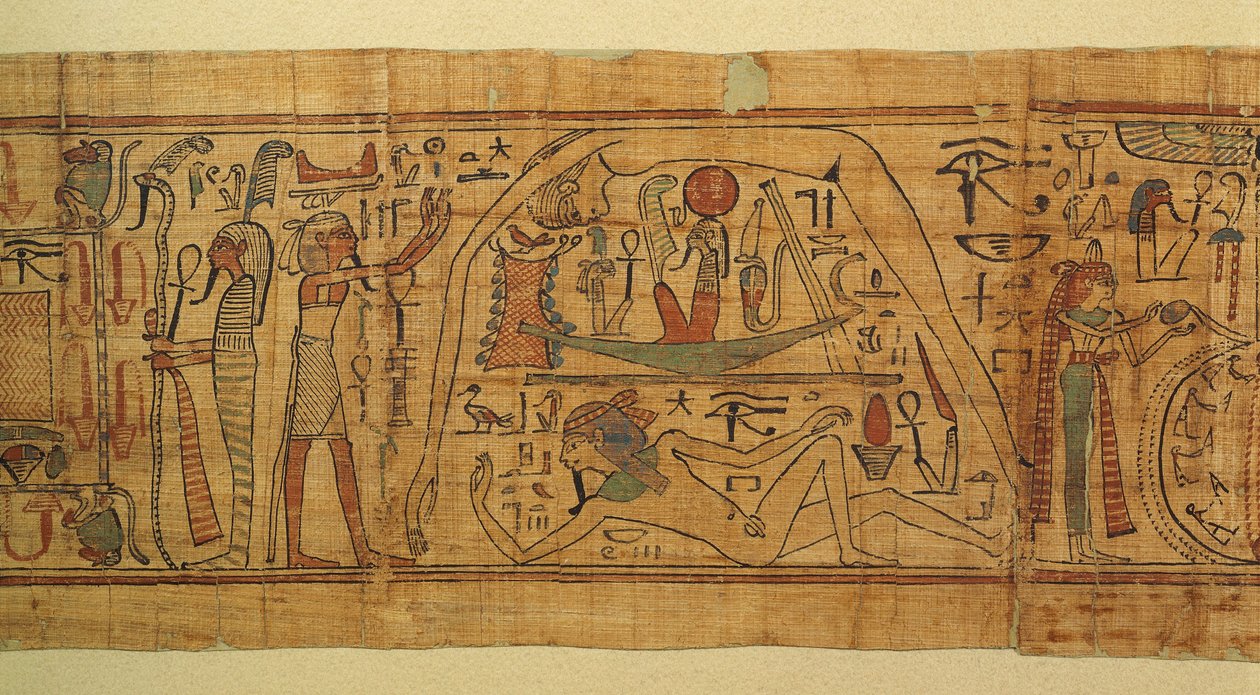 Kirja mytologisista kuvista Nespakachutysta, taivaan ja maan erottamisesta aurinkoveneellä tekijältä Egyptian 21st Dynasty