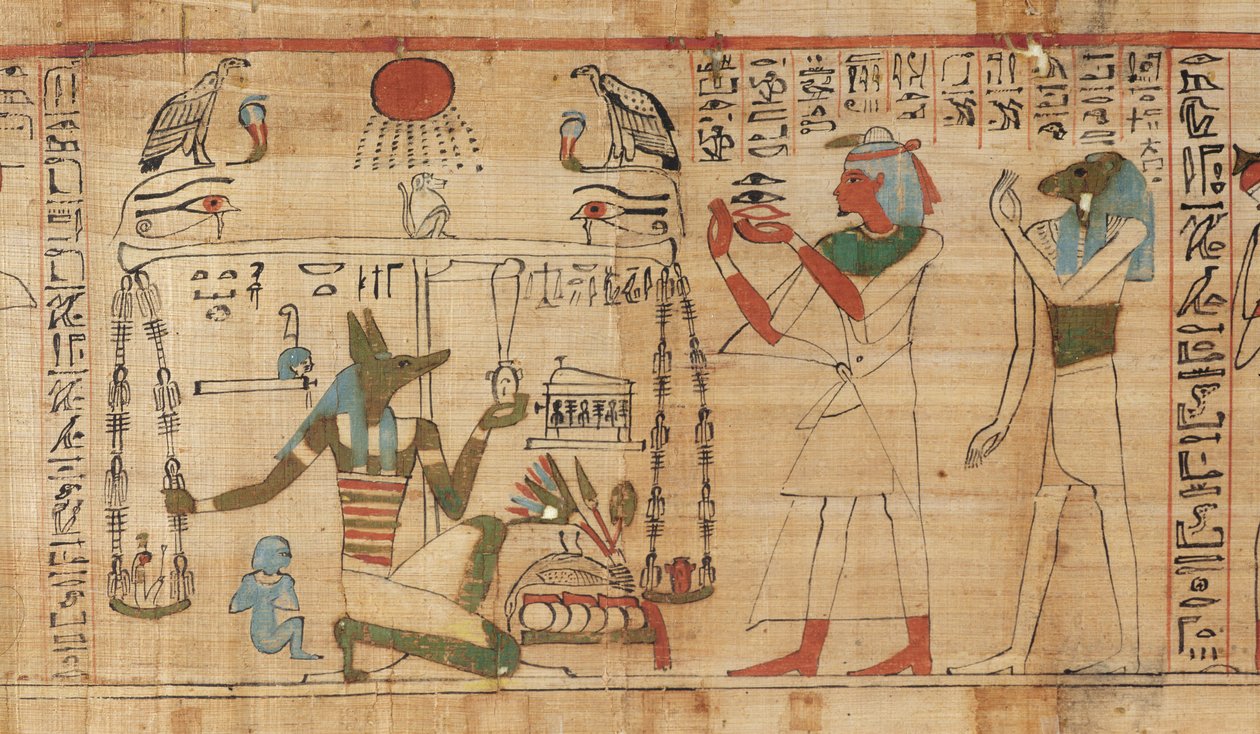 Yksityiskohta pappi Aha-Merin kuolleiden kirjasta, jossa Anubista punnitaan vainajan sydäntä Totuuden höyheniä (papyrusta) vastaan tekijältä Egyptian 21st Dynasty