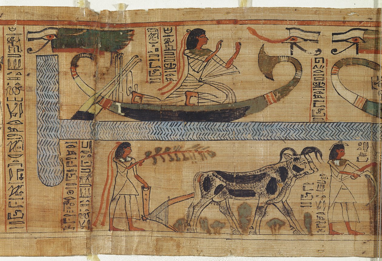 Yksityiskohta pappi Aha-Merin kuolleiden kirjasta, joka kuvaa barkia ja maanviljelyskohtausta, kolmas väliaika (papyrus) tekijältä Egyptian 21st Dynasty