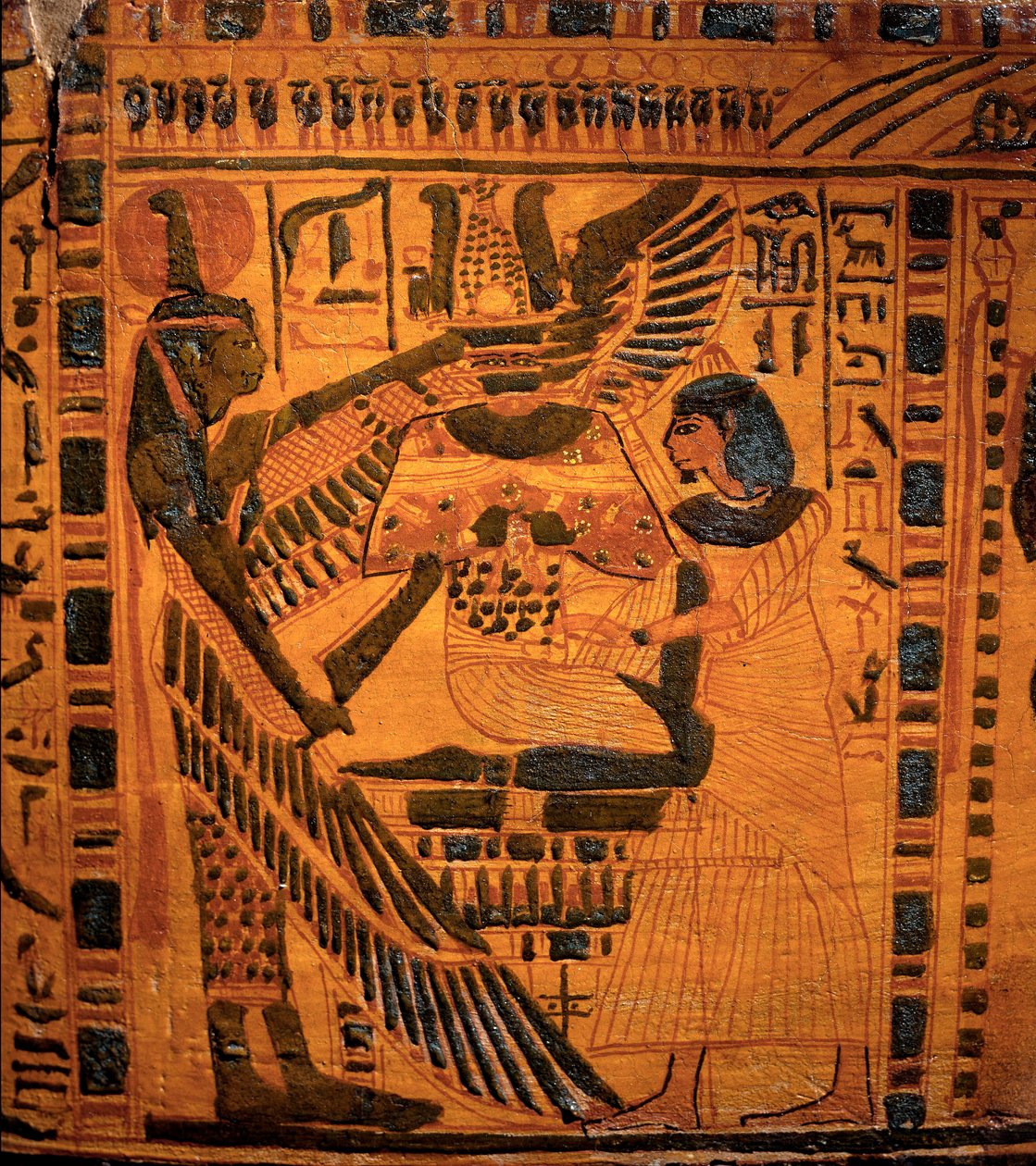 Egyptiläinen antiikin aika: "" Devinite Maatin tervehtinyt lakkautettu"" Yksityiskohta kirjanoppinut Butehamonin sarkofagista. 3. välikausi. 21. dynastia. 990-970 eaa. Thebesta. Himmeä. 211 cm Torino, Egyptiläinen museo tekijältä Egyptian 21st Dynasty