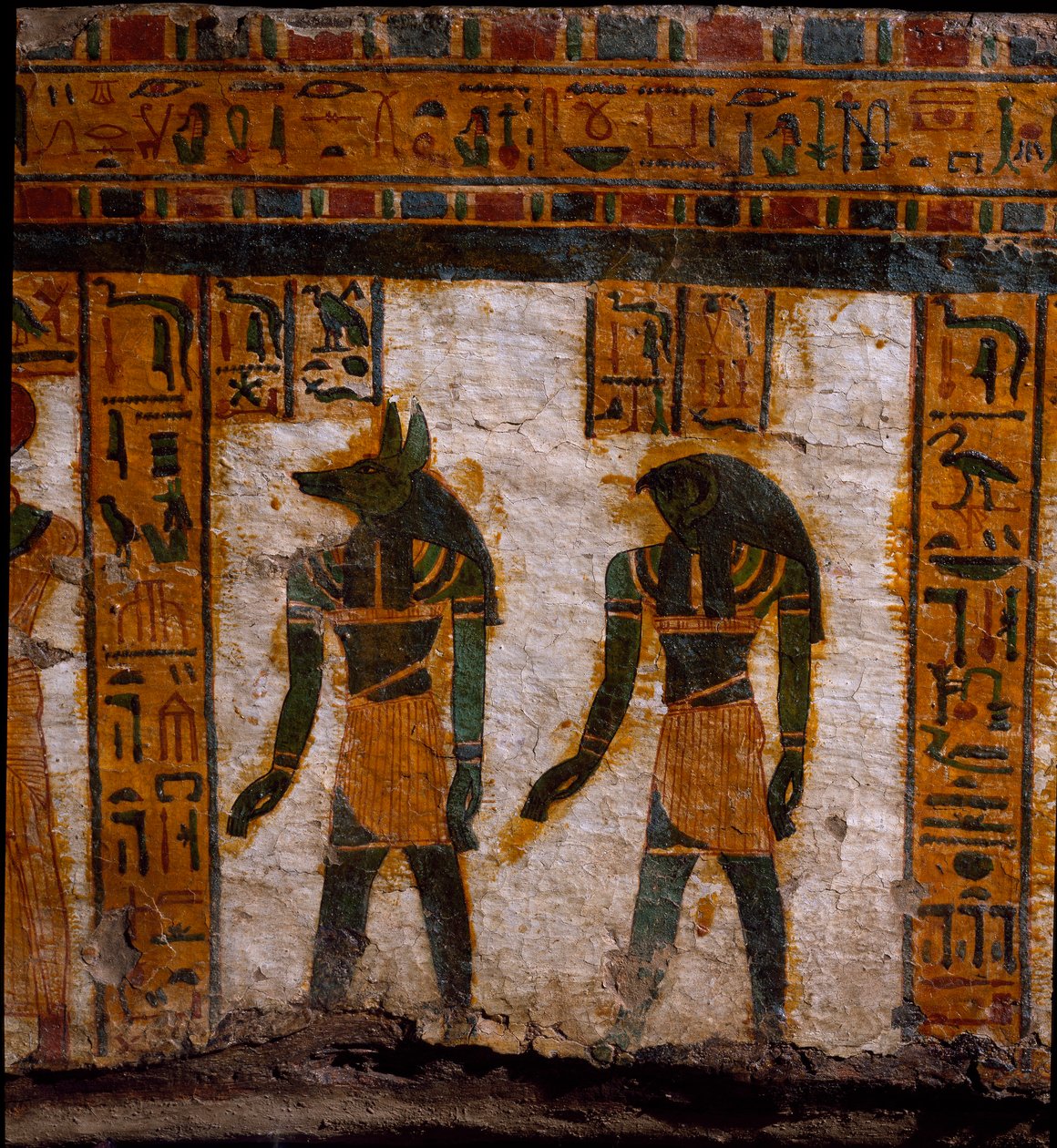 Egyptiläinen antiikin aika: hautajaiset Douamoutef ja Kebehsenouf (tai Qebehsenouf). 21. dynastian (1085-935 eKr.) kirjuri Butehamonin antropoidisen sarkofagin koristelu. Egyptin museo Torinossa (Torino, Museo Egizio) tekijältä Egyptian 21st Dynasty