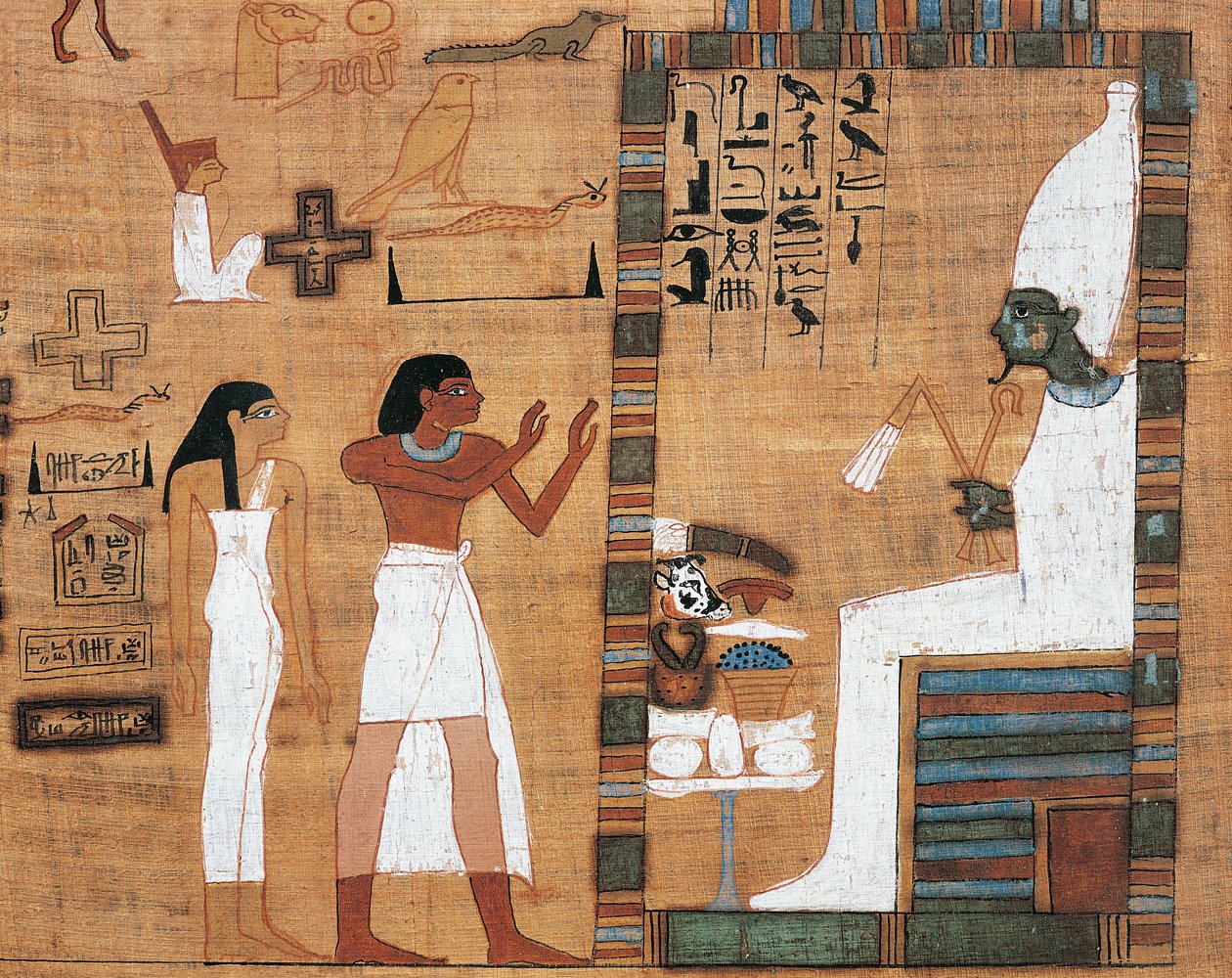 Papyrus, joka kuvaa miestä ja vaimoa Osirisin hovissa tekijältä Egyptian 21st Dynasty
