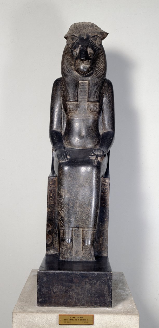 Egyptiläinen antiikin: leijonajumala Sekhmet kuningas Sheshonq I:n patruunalla. Patsas mustaa graniittia. 950-929 eaa. Torino, egyptiläinen museo tekijältä Egyptian 22nd Dynasty