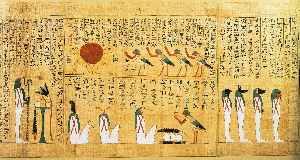 Imenemsaufin, Amonin pääkantajan, mytologinen papyrus. Yksityiskohta: hymni auringolle kuvattuna kahdena leijonana tekijältä Egyptian 22nd Dynasty