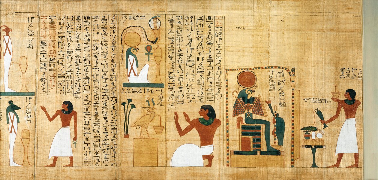 Imenemsaufin, Amonin pääkantajan, mytologinen papyrus. Yksityiskohta: Suitsutus ja juomat Ra-Harakhdin kunniaksi tekijältä Egyptian 22nd Dynasty