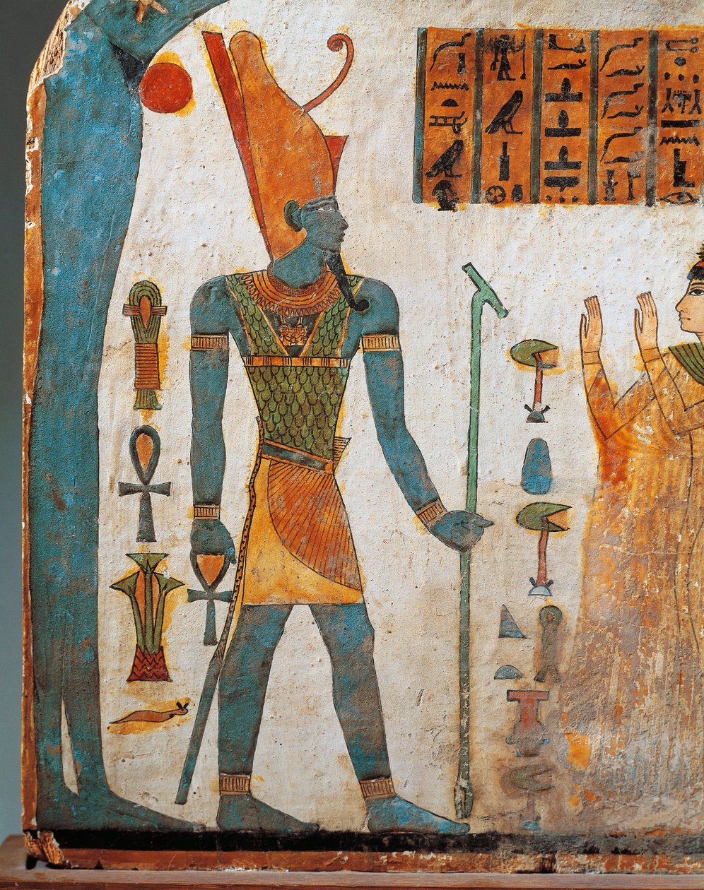 Lady Taperetin steele, molemmin puolin maalattu puinen stele, puoli B: Taperet rukoileva jumala Atum, laskeva aurinko, kolmas välikausi, dynastia XXII tekijältä Egyptian 22nd Dynasty