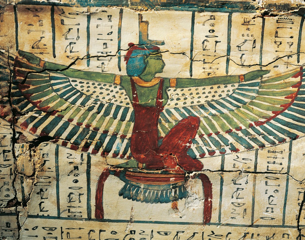 Maalattua, lakattua puuta, joka kuvaa jumalatar Isis levitetyillä siiveillä Cesraperetin sarkofagilla Länsi-Thebestä tekijältä Egyptian 25th Dynasty
