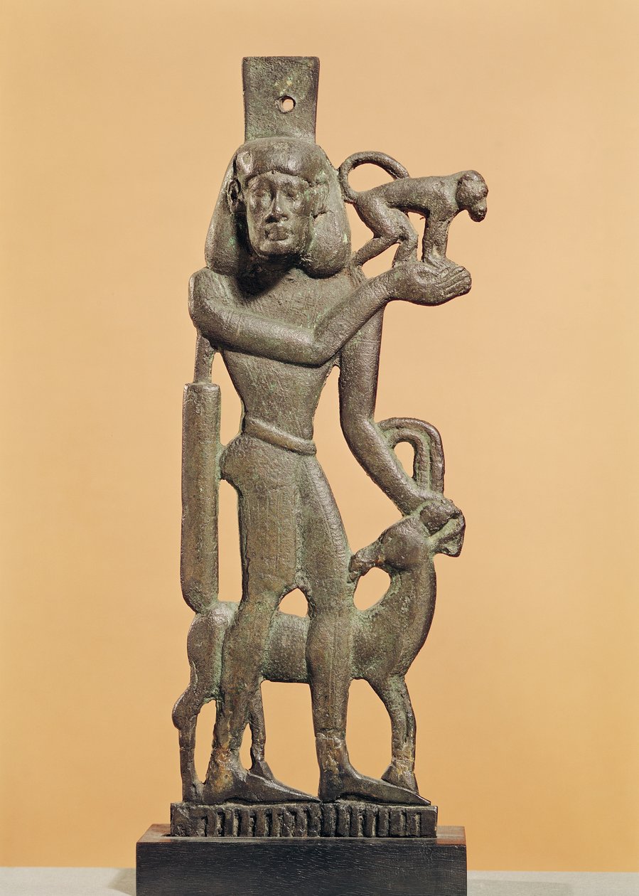 Figuuri miehestä, joka pitelee apinaa ja metski nuolee polveaan, Saite-kausi (pronssi) tekijältä Egyptian 26th Dynasty