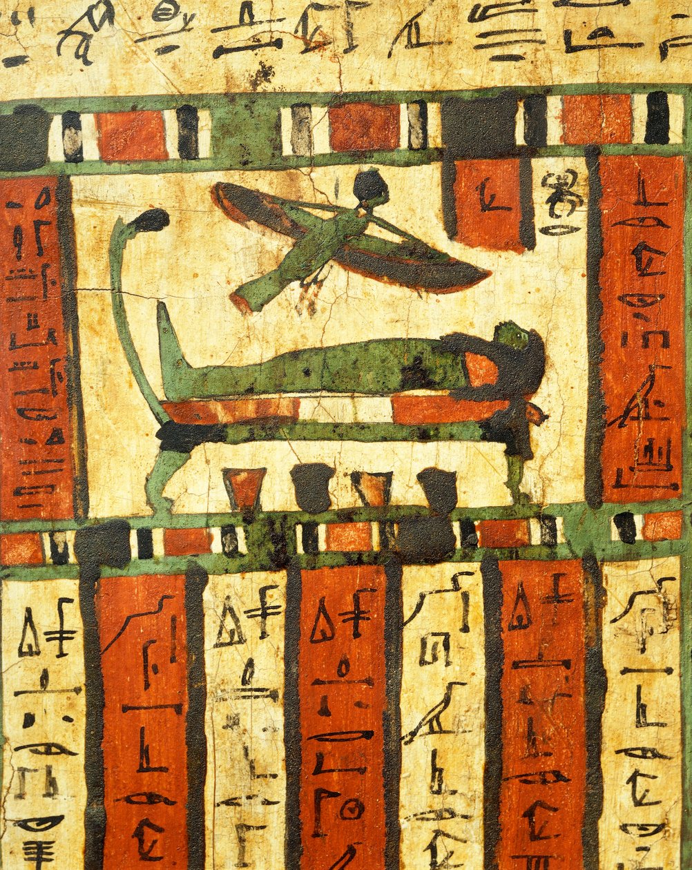 Rapattua ja maalattua puuta, joka kuvaa kuolleena kuolinvuoteella sielun Ba lentää kohti tuonpuoleista elämää Tashakheperin sarkofagista Thebasta tekijältä Egyptian 26th Dynasty