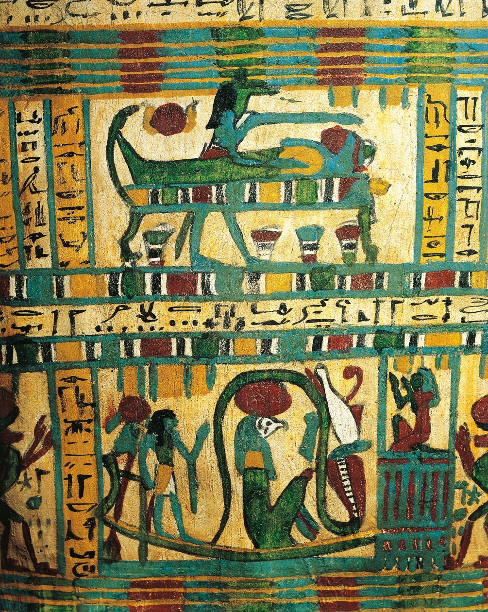 Rapattu ja maalattu puu, jossa kuvataan jumala Anubi suojelemassa kuolleen muumiota ja aurinkovenettä jumala Ra:n kanssa Usain sarkofagista, Thebesta tekijältä Egyptian 26th Dynasty