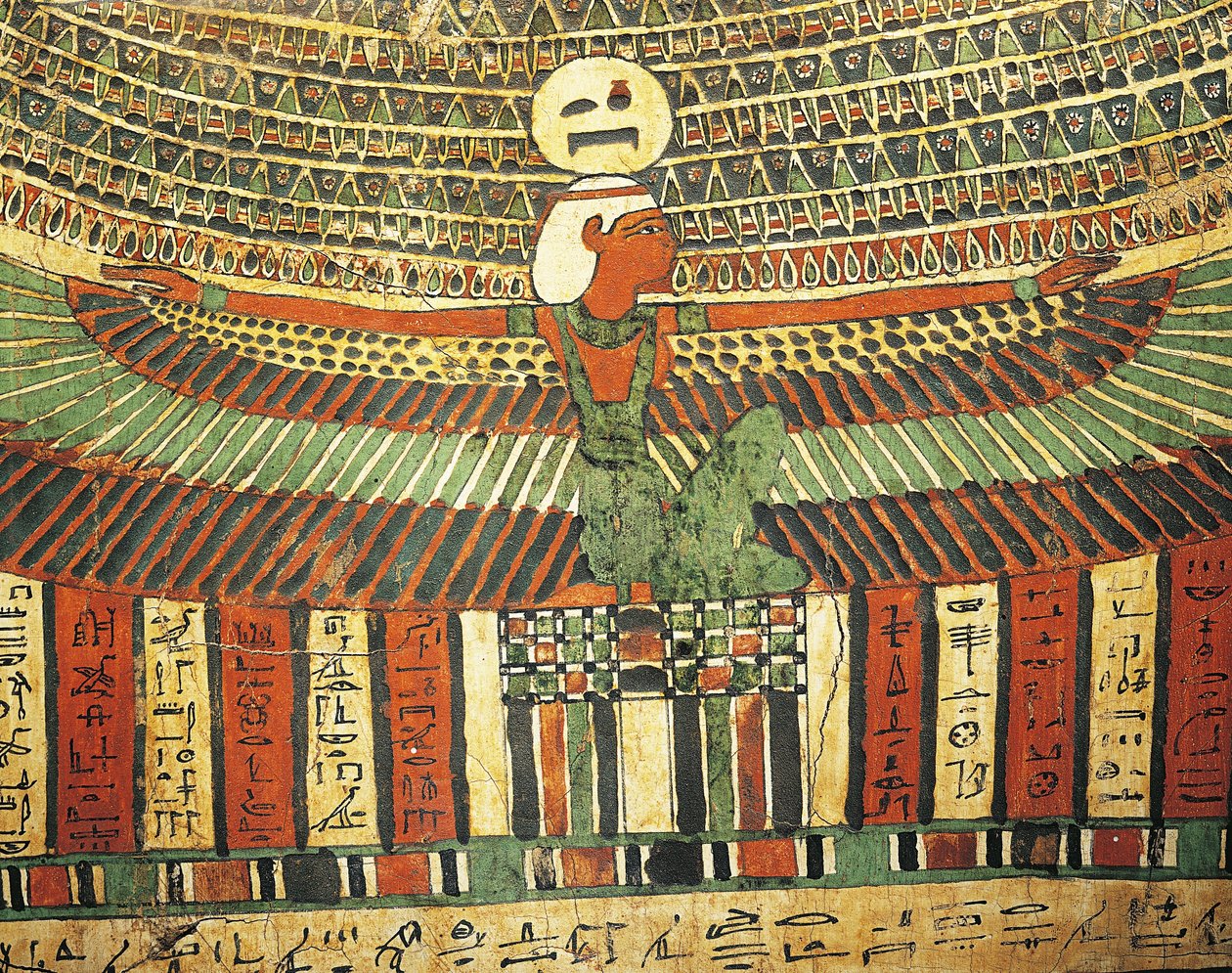 Rapattua ja maalattua puuta, joka kuvaa jumalatarta Pähkinä suojelee tuonpuoleiseen elämään johtavaa väärää ovea Tashakheperin sarkofagista, Thebes tekijältä Egyptian 26th Dynasty