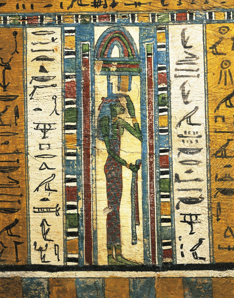 Rapattu ja maalattu puupaneeli, joka kuvaa jumalatar Isis, Thebesin Usain sarkofagista tekijältä Egyptian 26th Dynasty