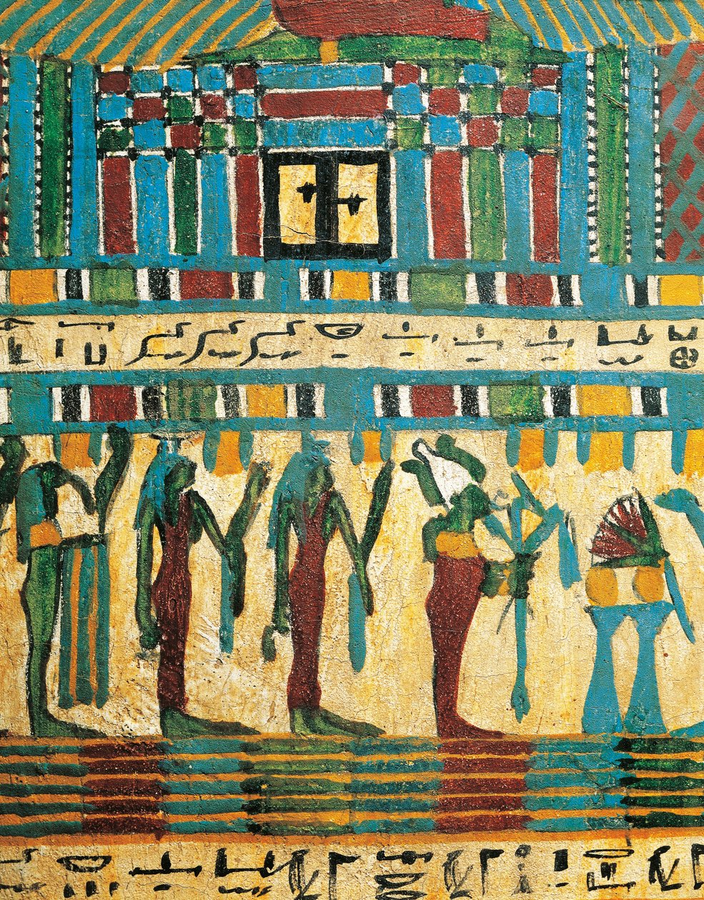 Rapattu ja maalattu puupaneeliyksityiskohta tuomiokammiolla ja jumala Osiris ja jumaluudet, Usain sarkofagista, Thebasta tekijältä Egyptian 26th Dynasty