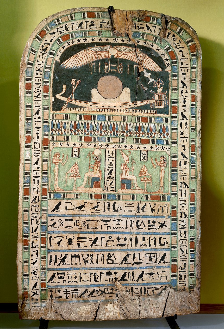 Aurinkoa palvova jumalatar Udjarenes, vasemmalla jumala Ra-Horakhty, oikealla jumala Aton, maalasi puuta. Egyptin sivilisaatio, myöhäiskausi, dynastia XXVI. tekijältä Egyptian 26th Dynasty