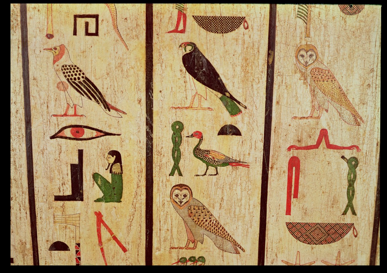 Psamtik I:n sarkofagi (664-610 eKr.) hieroglyfien yksityiskohta, myöhäinen ajanjakso (maalattu puu) tekijältä Egyptian 26th Dynasty