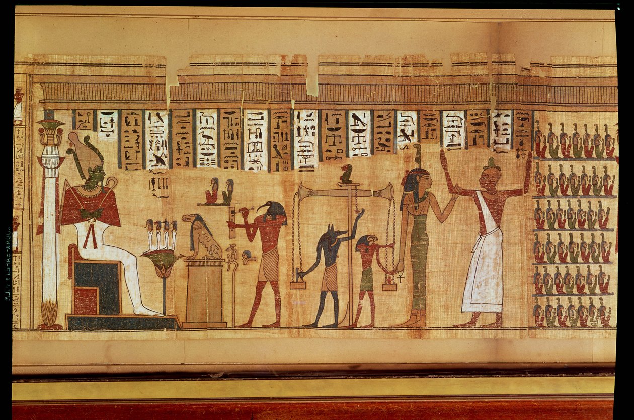 Osiriksen tuomio, yksityiskohta kuolleiden kirjasta, myöhäinen aika (papyrus) tekijältä Egyptian 30th Dynasty