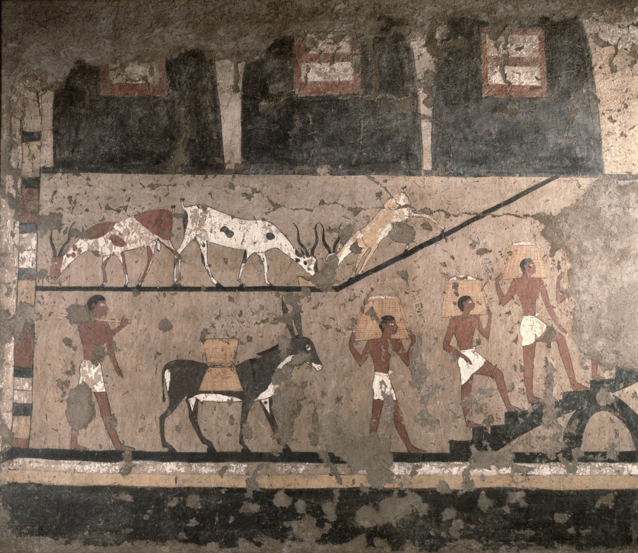 Maatalousnäkymä, seinämaalaus poistettu Ti Mastabasta Sakkarassa, vanhassa kuningaskunnassa, n. 2494-2345 eKr. (maalattu kalkkikivi) tekijältä Egyptian 5th Dynasty