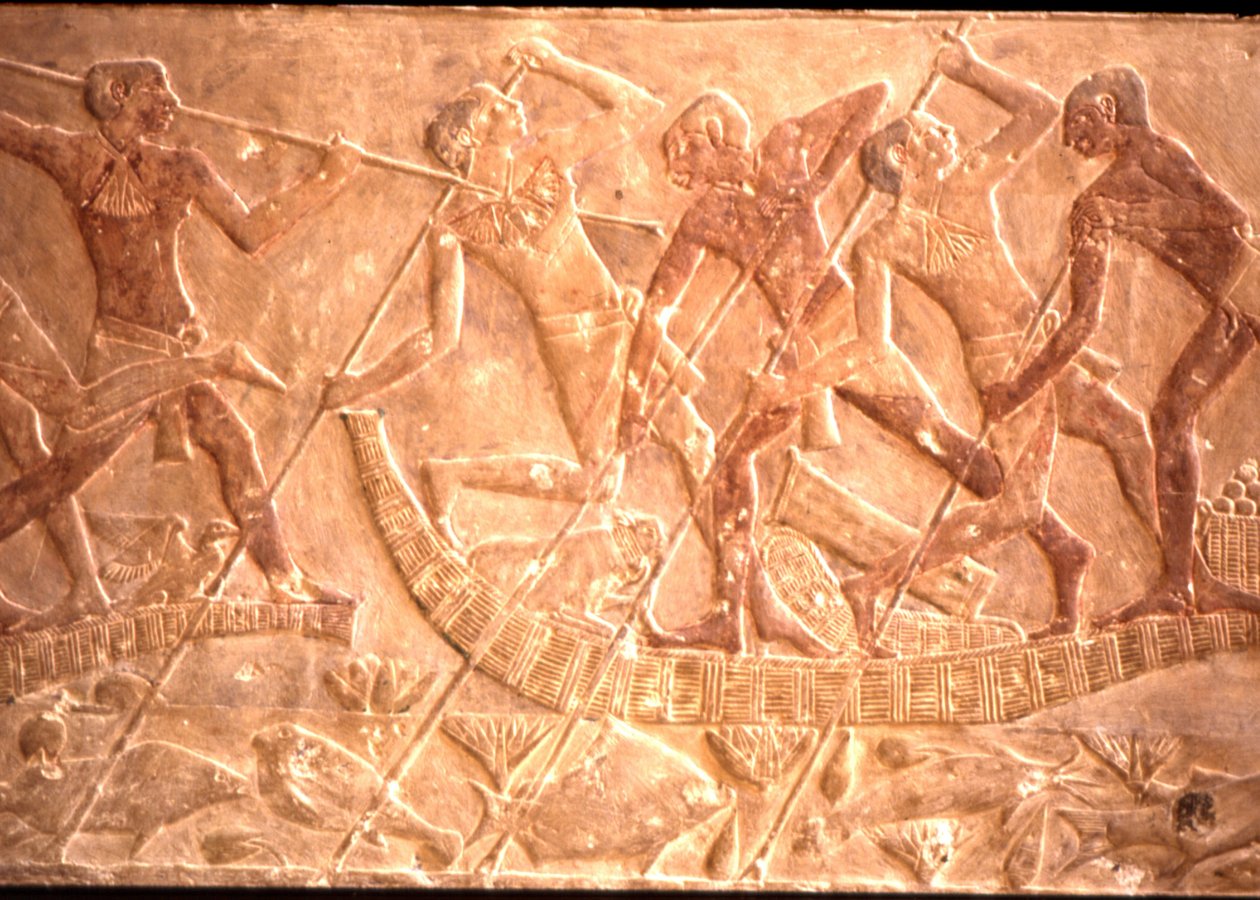 Miehet keihästelevät kaloja papyrusveneestä, Ptah-Hotep Tomb, 5. dynastia (kuva) tekijältä Egyptian 5th Dynasty