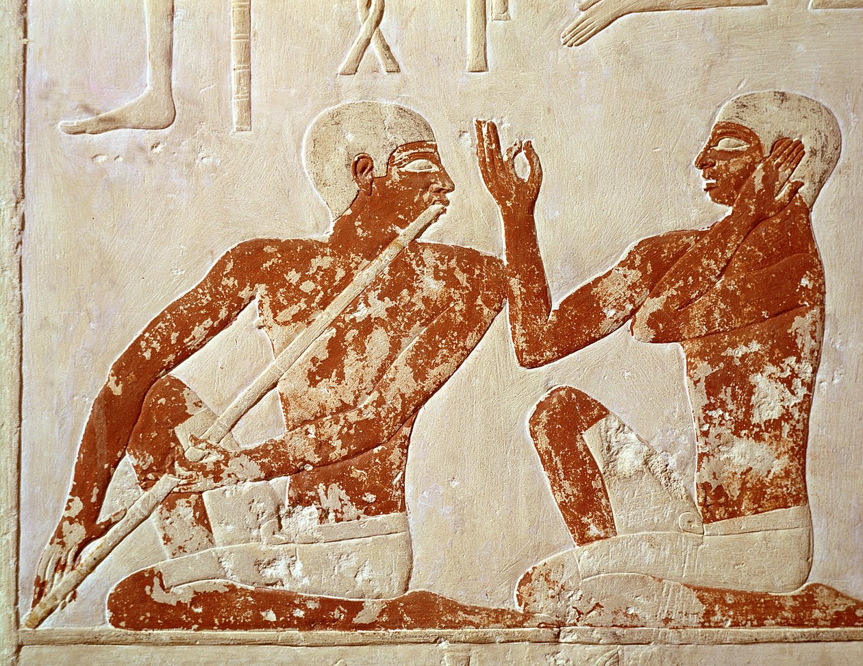 Maalattu reliefi, joka kuvaa huilunsoittajaa ja laulajaa hautajaisissa, Nenkhefetkan haudasta, Saqqarah, Vanha kuningaskunta, noin 2400 eKr. (seinämaalaus) tekijältä Egyptian 5th Dynasty