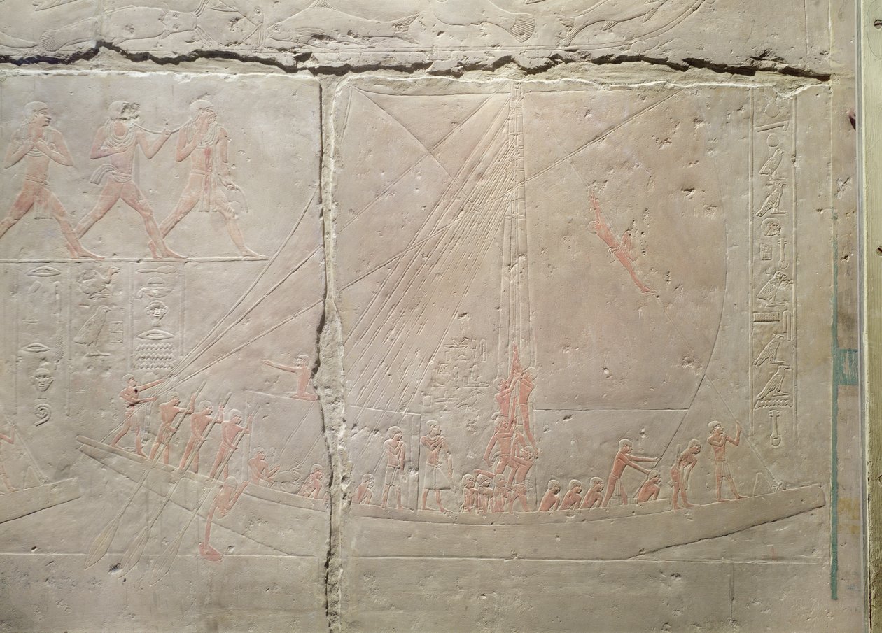 Venematkaa kuvaava reliefi Akhethotepin Mastabasta, vanhasta kuningaskunnasta, noin 2400 eKr. (maalattu kalkkikivi) tekijältä Egyptian 5th Dynasty