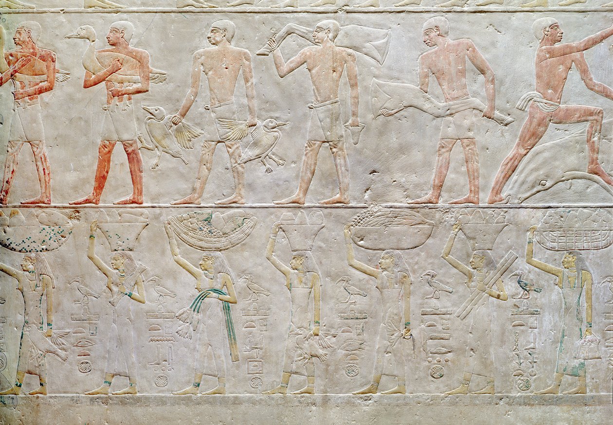 Reliefi, joka kuvaa ihmisiä, jotka kantavat ruokauhreja, peräisin Akhethotepin Mastabasta, vanhasta kuningaskunnasta, noin 2400 eKr. (maalattu kalkkikivi) tekijältä Egyptian 5th Dynasty