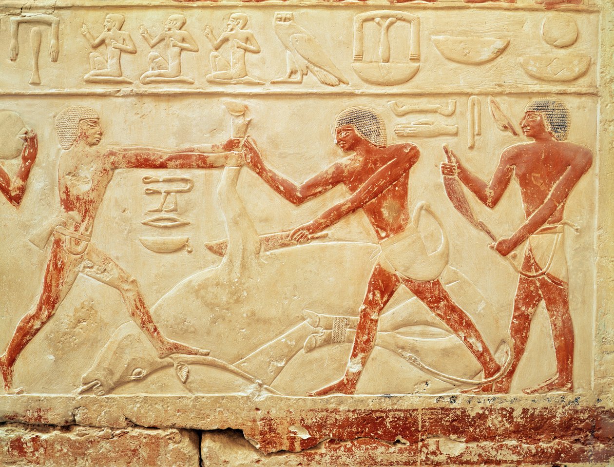 Teurastajat teurastamassa härkää, helpotus prinsessa Idutin haudasta, Vanha kuningaskunta, n. 2330 eKr. (maalattu kalkkikivi) tekijältä Egyptian 6th Dynasty
