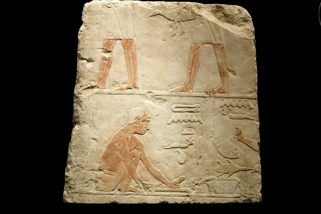 Fragmentti ruoanlaittoa kuvaavasta reliefistä (kalkkikivi) tekijältä Egyptian 6th Dynasty