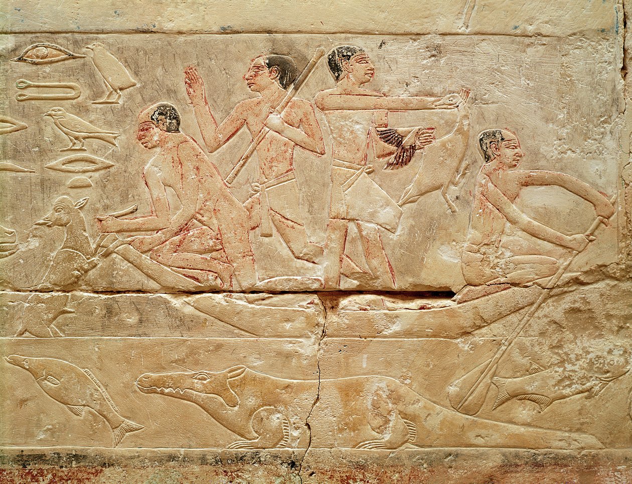 Reliefi, joka kuvaa miehiä veneessä, prinsessa Idutin haudalta, vanhasta kuningaskunnasta, noin 2330 eKr. (maalattu kalkkikivi) tekijältä Egyptian 6th Dynasty