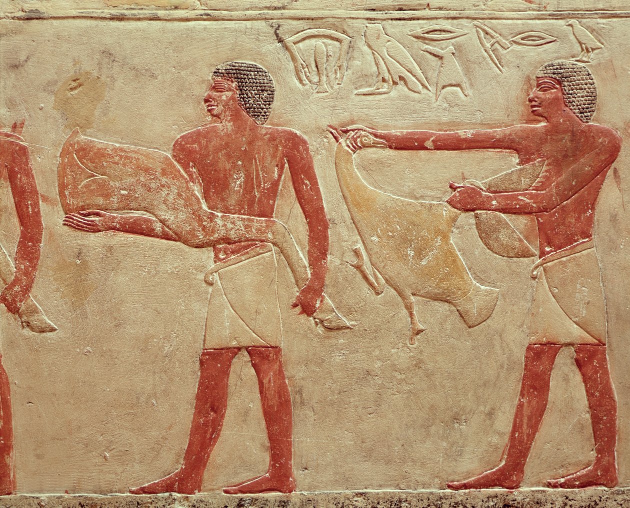 Reliefi, joka kuvaa palvelijoita kantamassa naudanlihaa ja ankkaa Prinsessa Idutin haudalta, Vanhasta kuningaskunnasta, noin 2330 eKr. (maalattu kalkkikivi) tekijältä Egyptian 6th Dynasty