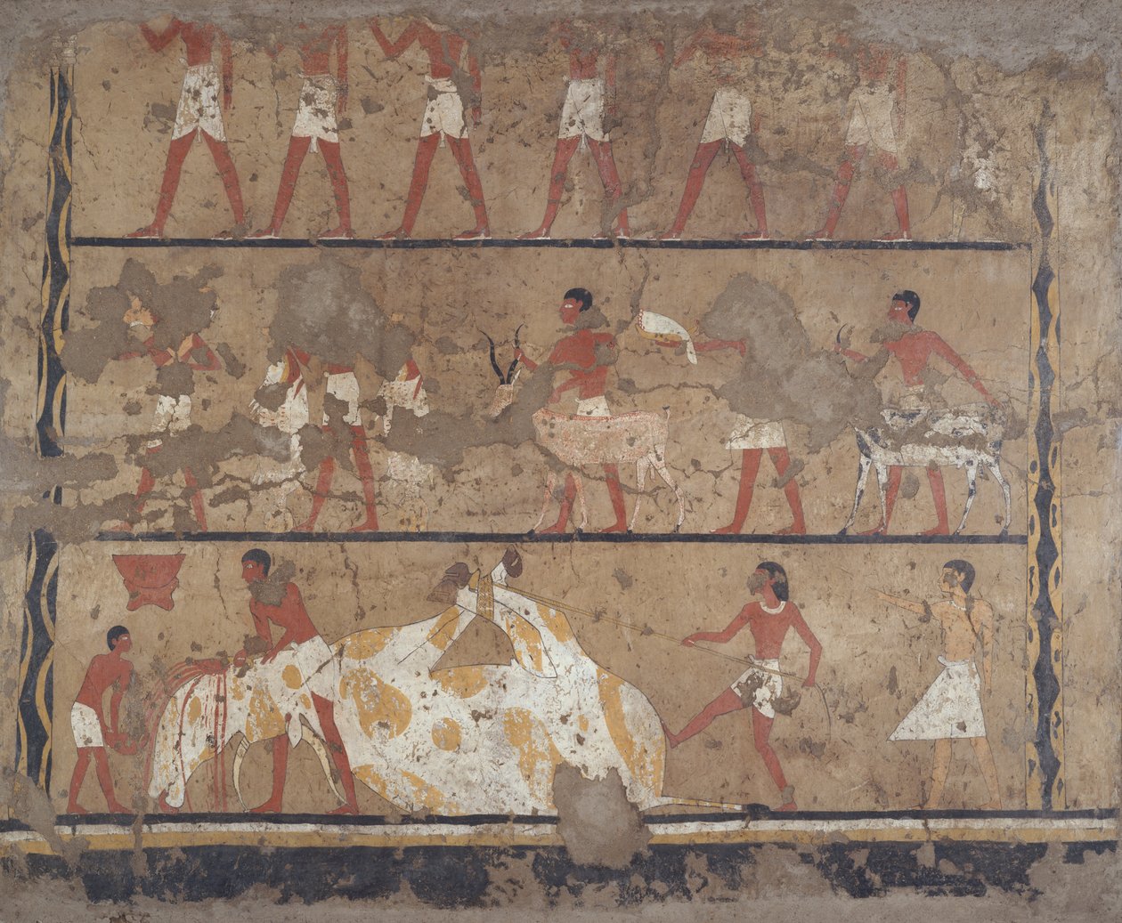 Karjankasvatusta, teurastusta, uhrien ja uhrien kantajia, Itin ja Neferun hauta (seinämaalaus) tekijältä Egyptian 6th Dynasty