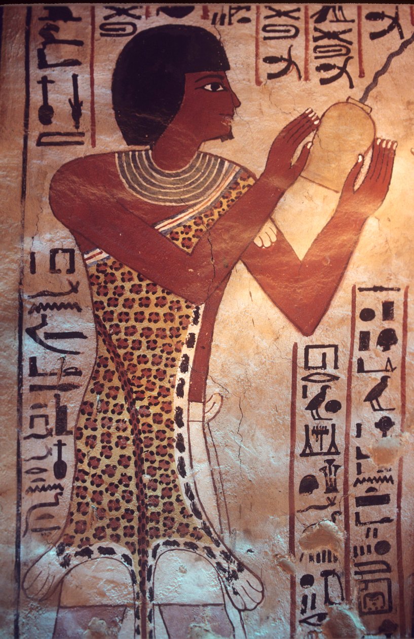 Muinainen Egypti, Sennuferin hauta, Theba, Luxor, seinämaalaus, fresko, seinämaalausta, Sennuferin poika johtaa hautajaisjuhlaa, yllään leopardinahkainen kaapu tekijältä Egyptian Egyptian