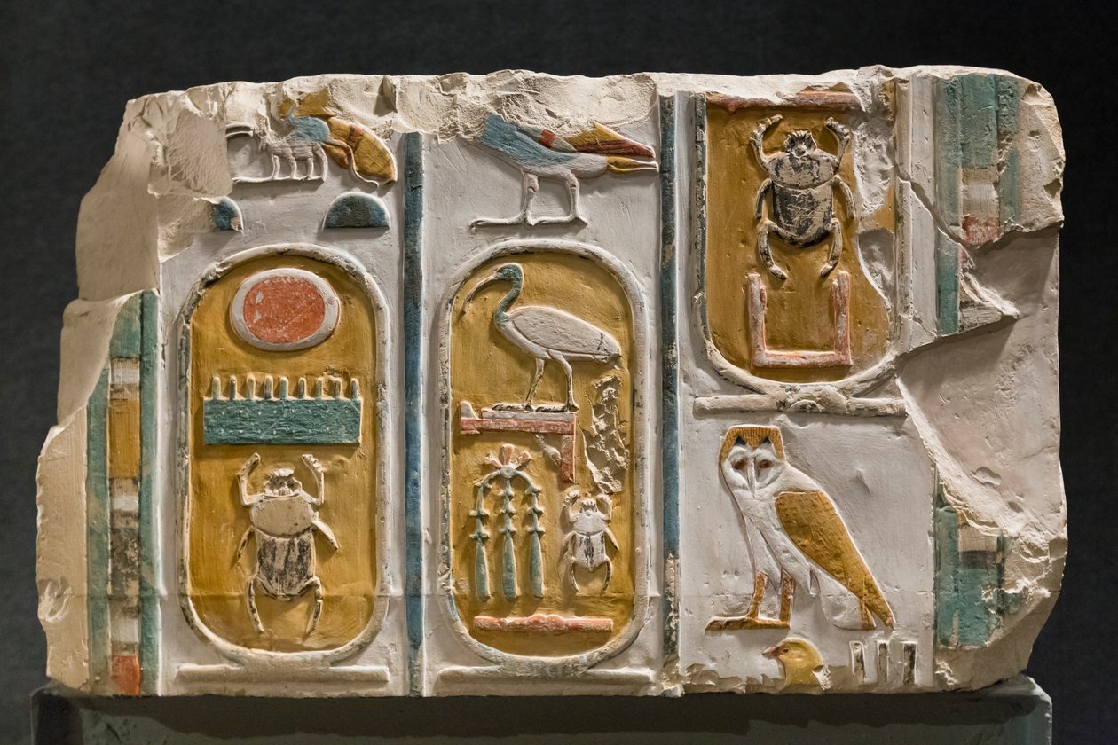 Veistetty seinä, joka edustaa kolmea kuningas Thutmosis I:n ja III:n cartouchia tekijältä Egyptian Egyptian