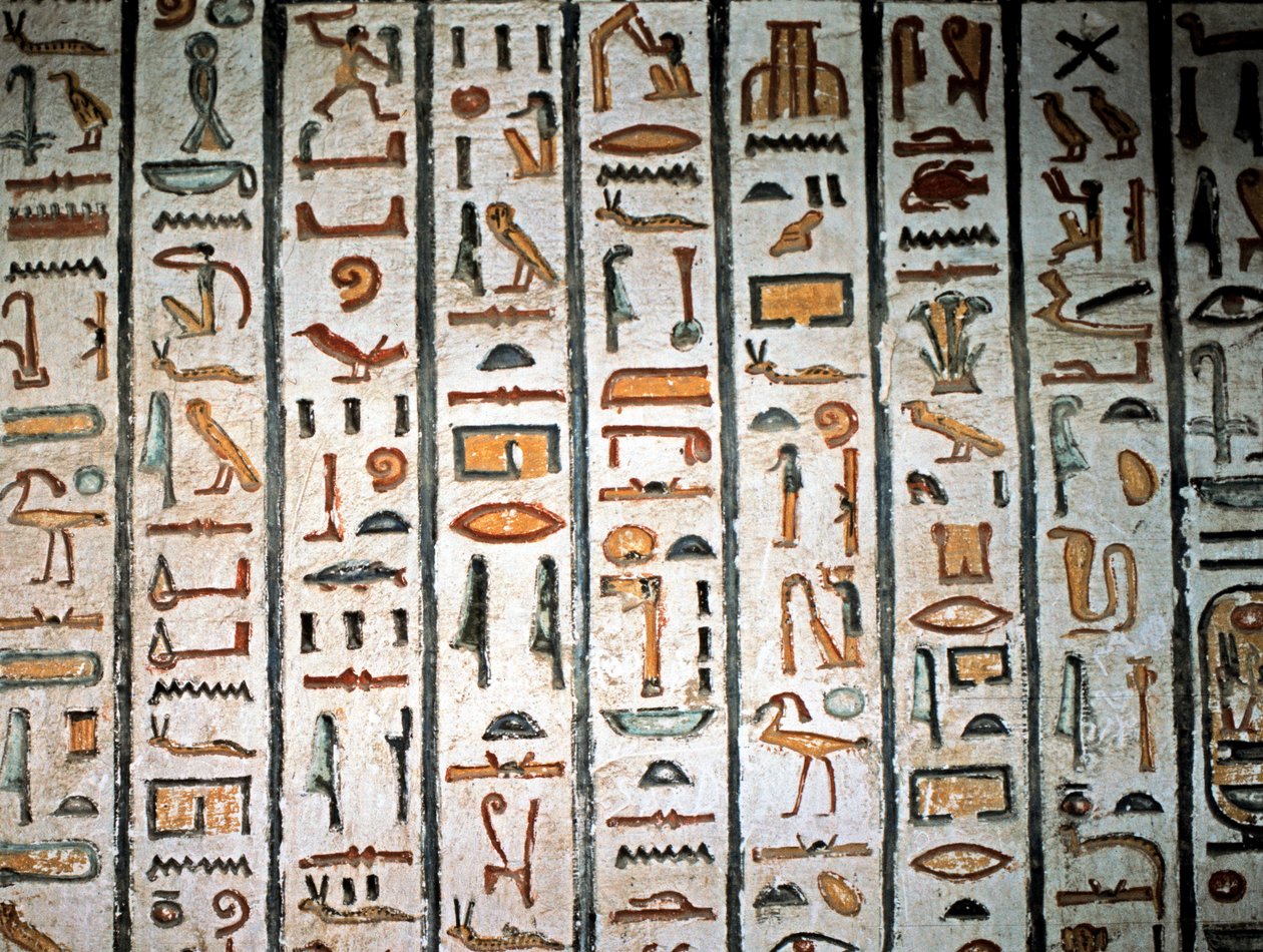 EGYPTIN TAIDE: Hieroglyfi. Sethi I:n haudasta Kuninkaiden laaksossa. (fresko) tekijältä Egyptian Egyptian